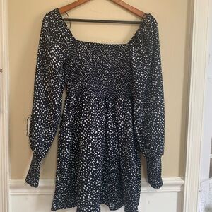 Francesca’s Miami Blue & White Polka Dot Square Neck Smocked Dress Small